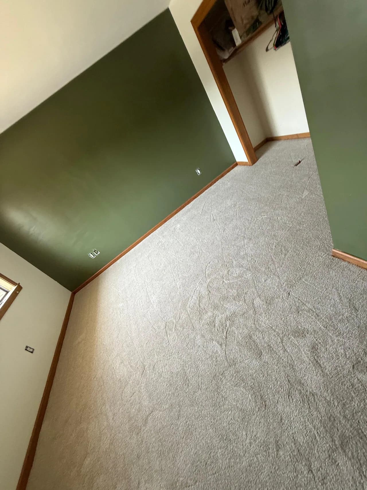 Gray carpet fitted along green walls and through an adjoining doorway.