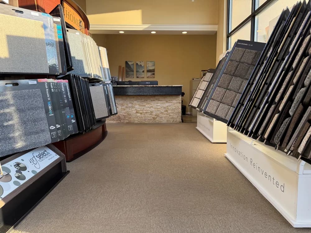 Carpet sample displays inside the Floors Now materials supplier showroom.