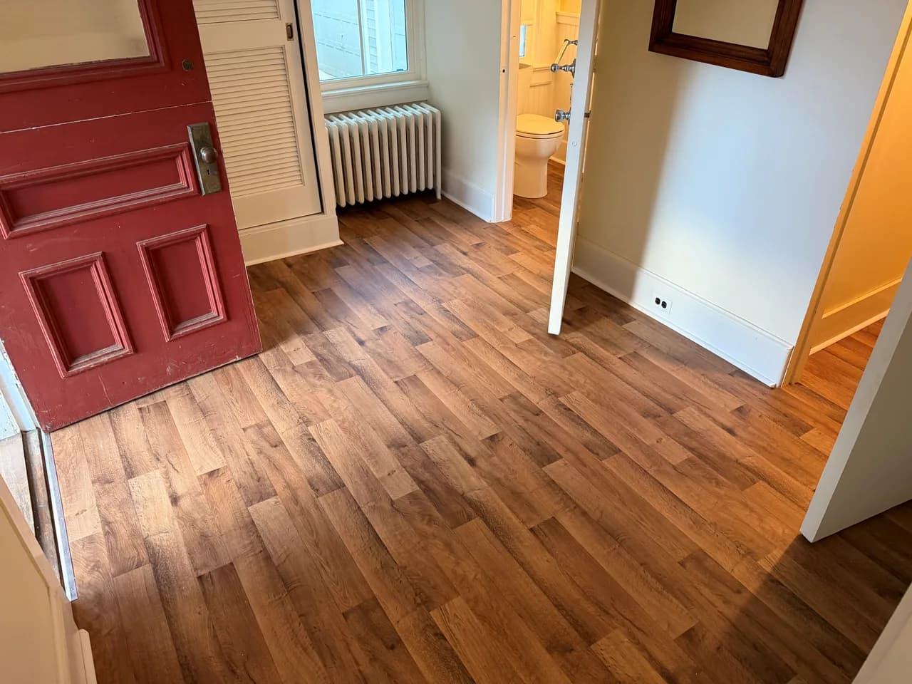 Wood-look plank flooring continuing through an entryway and adjoining doorways.