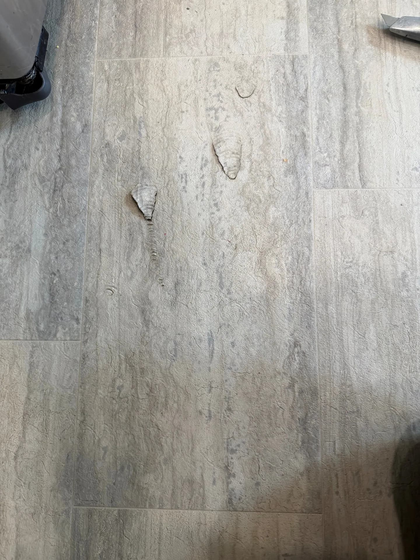 Three tears with lifted edges inside one tile-shaped section of gray stone-look sheet vinyl before repair in Bristol, CT.